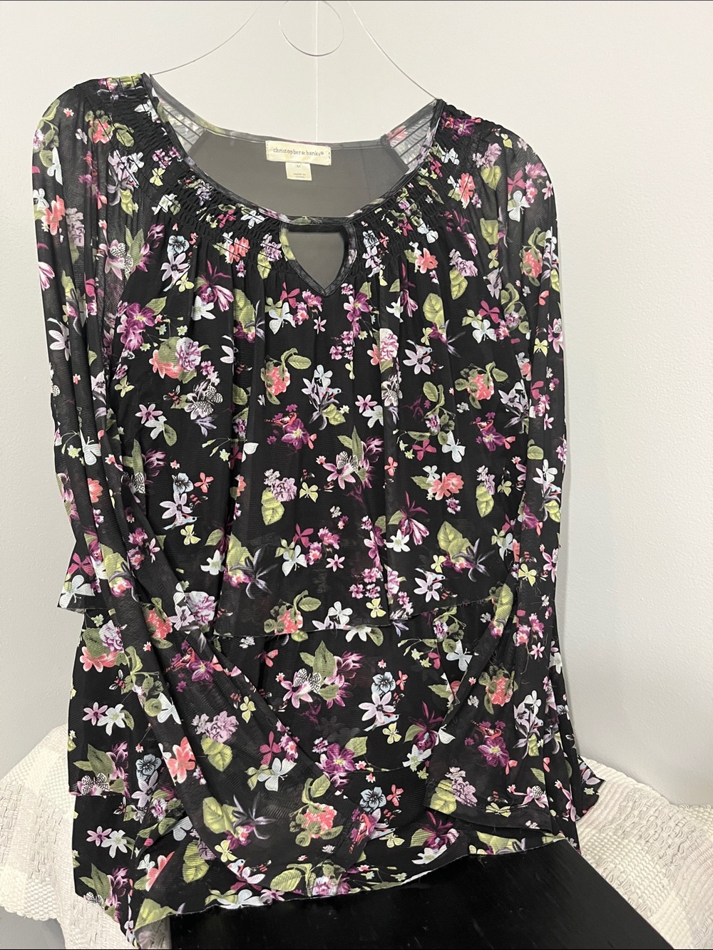 Christopher & Banks Black Floral Keyhole Peasant Blouse